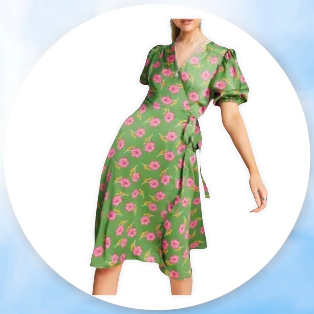 ASOS Liquorish Wrap Midi Dress Green Floral Print 8 Silky Puff Sleeve